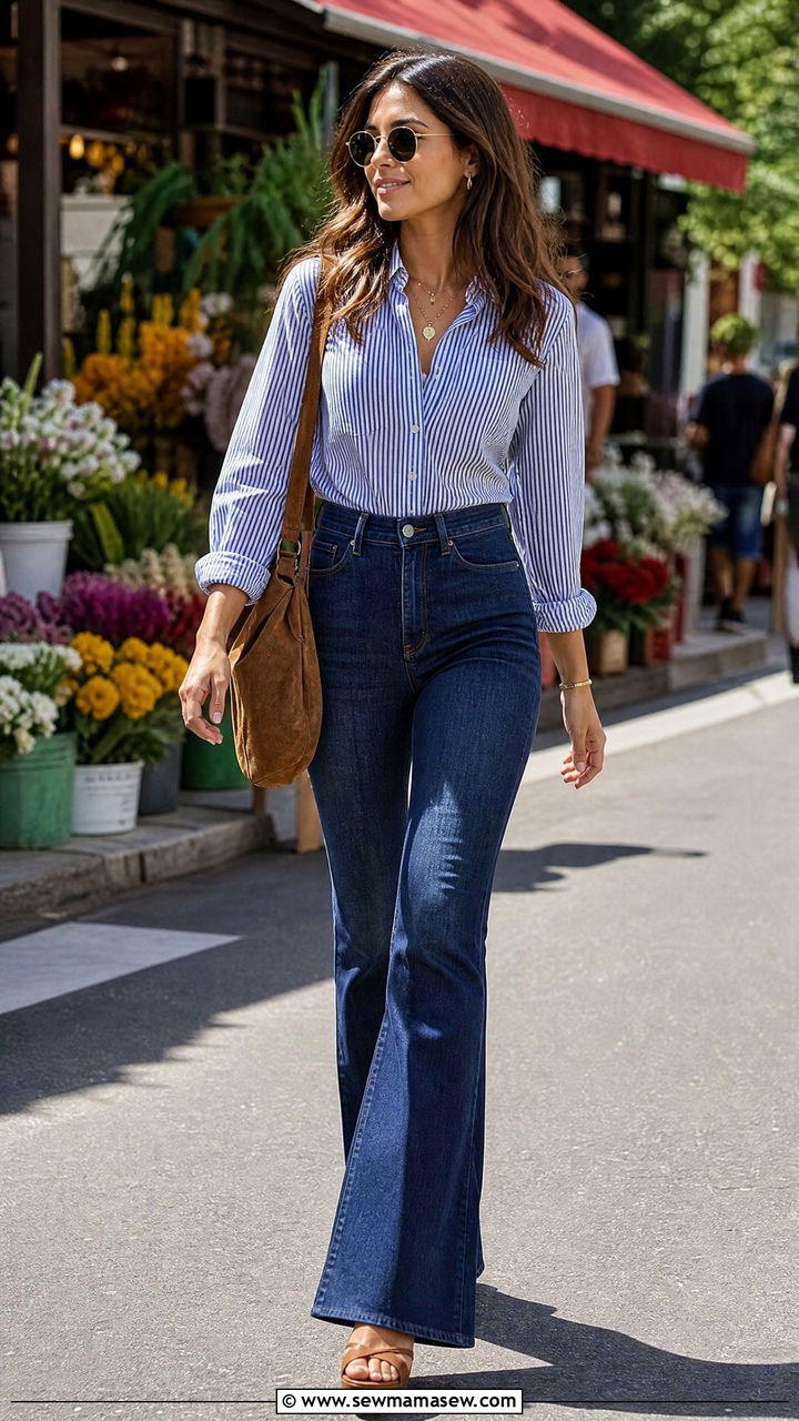 Striped Button Down with High Waisted Flare Jeans - 30 High waisted jeans outfit ideas with a button down