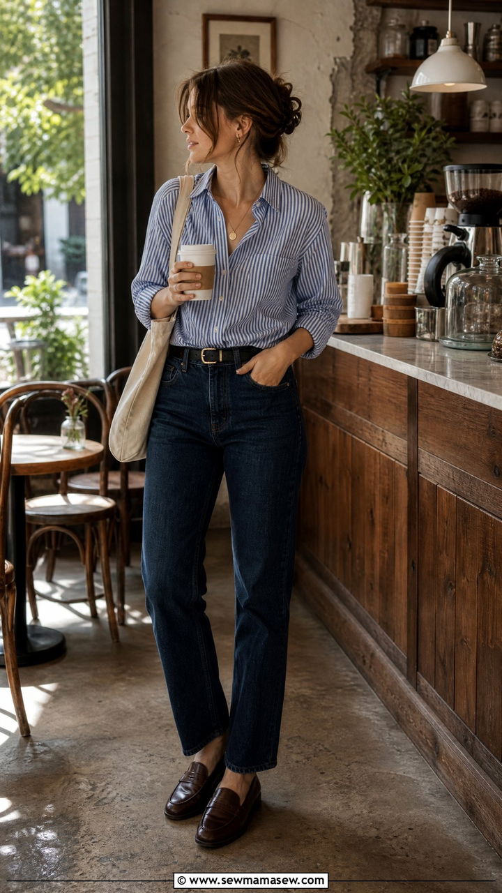 Striped Button Down with High Waisted Jeans and Loafers - 30 summer dark academia outfits