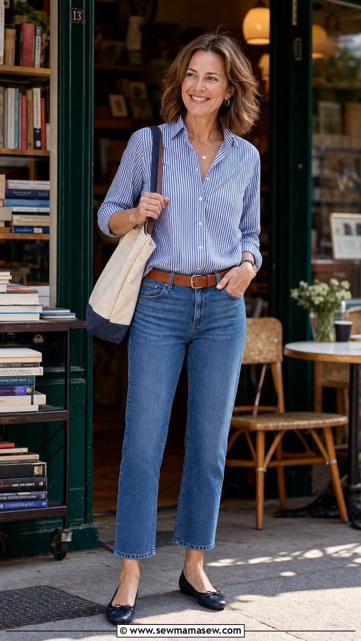 Striped Button Down with Straight Leg Jeans and Ballet Flats - 25 straight leg jeans outfits for women over 40