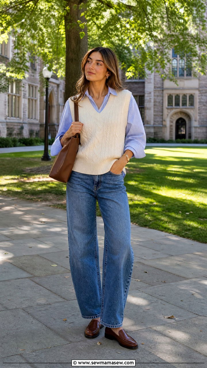 Striped Button Down with Sweater Vest and Barrel Leg Jeans - 30 College outfit ideas cute 2026
