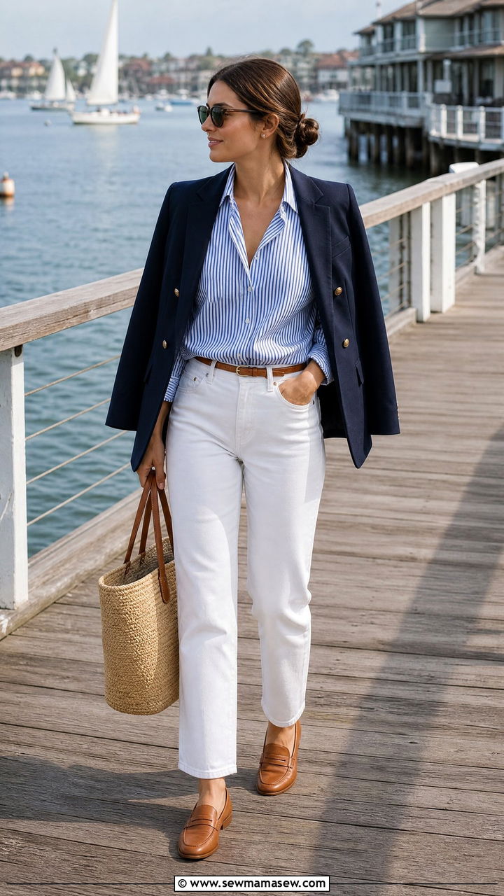 Striped Button Down with White Jeans and Navy Blazer - 30 old money outfits inspo