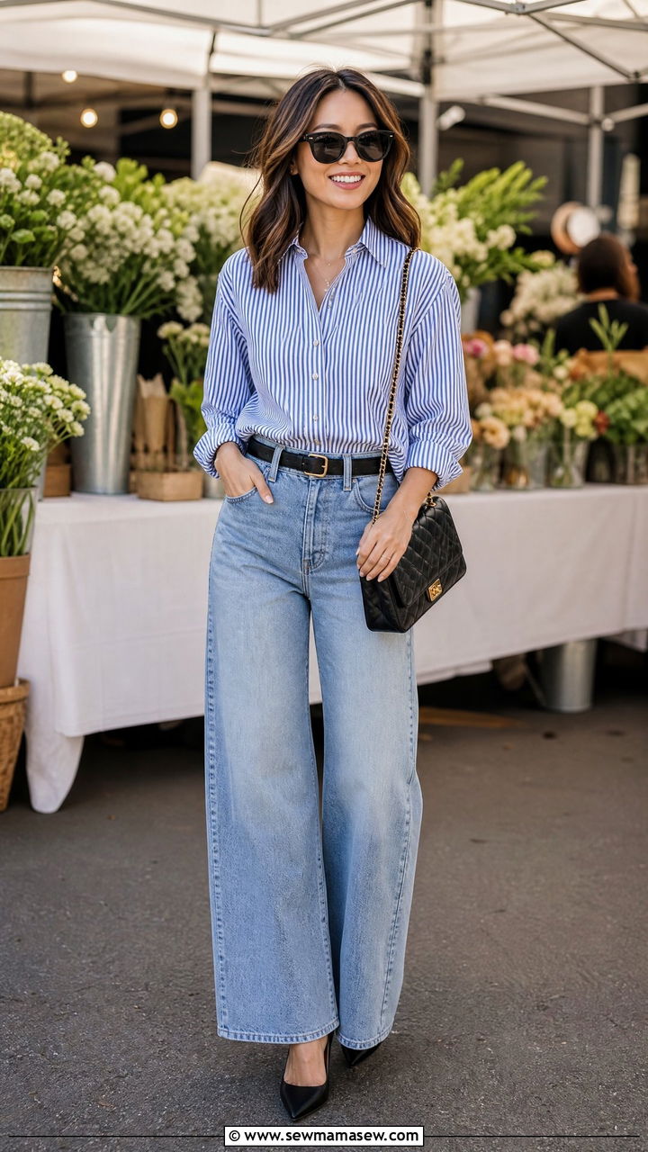 Striped Button Down with Wide Leg Jeans Outfit - 25 Petite outfit ideas under 5'4