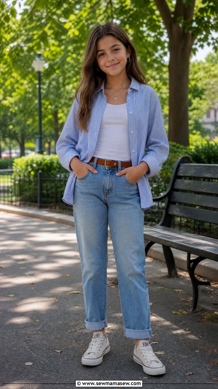 Striped Button Up Shirt With Cuffed Jeans Outfit - 30 Cute outfits for tweens