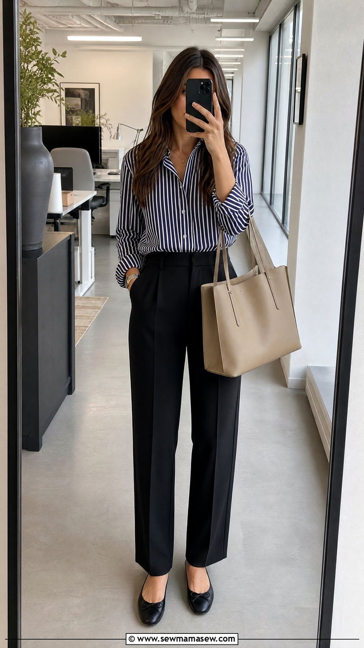 Striped Button Up Shirt With High Waisted Trousers And Ballet Flats - 35 Modern office outfit ideas