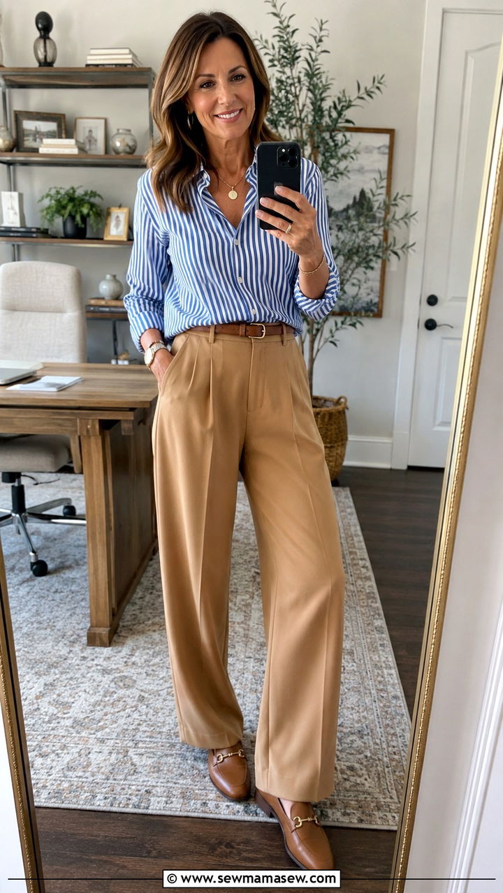 Striped Button Up Shirt with Camel Wide Leg Trousers - 25 Work outfits for women over 60
