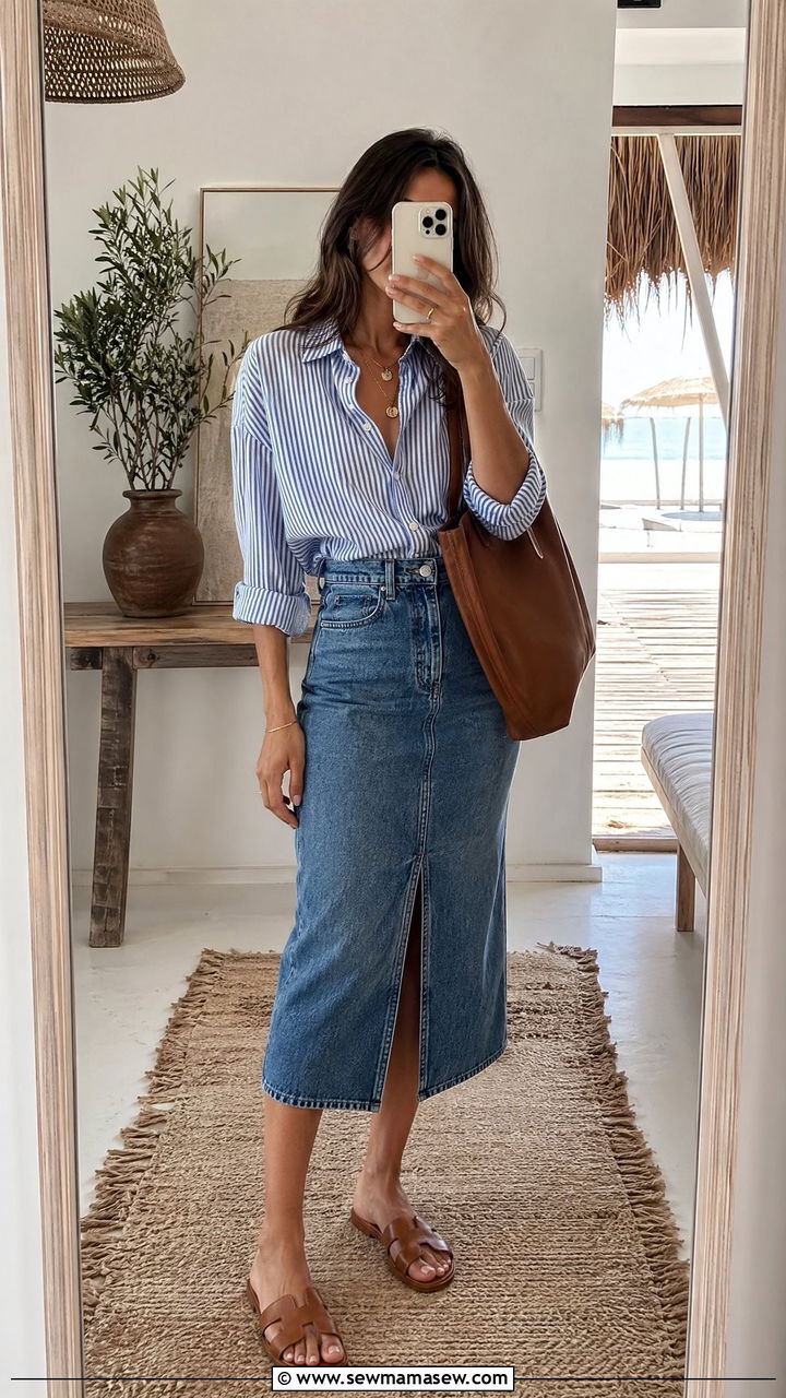 Striped Button Up Shirt with High Waisted Denim Skirt and Flat Sandals - 35 denim skirt outfits ideas