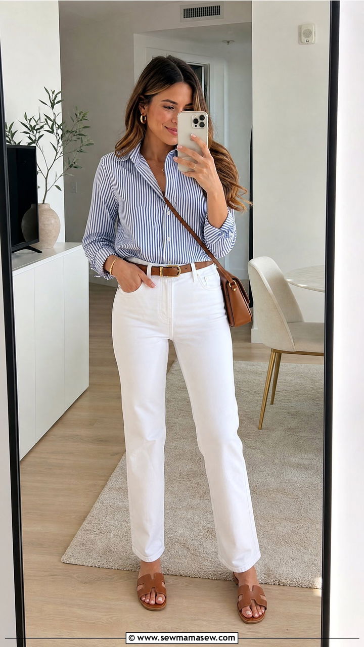 Striped Button Up Shirt with White Jeans - 35 Graduation outfits for guests