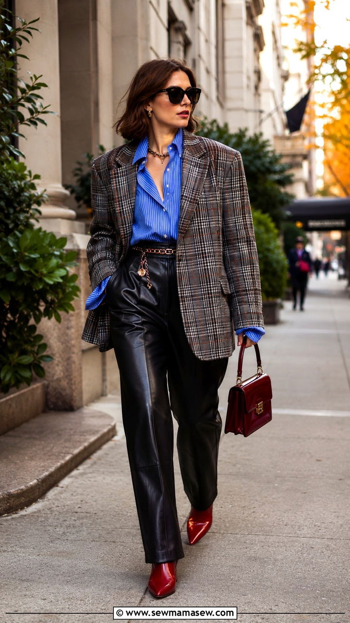 Striped Button Up Under A Plaid Blazer With Leather Trousers - 30 casual maximalist outfits
