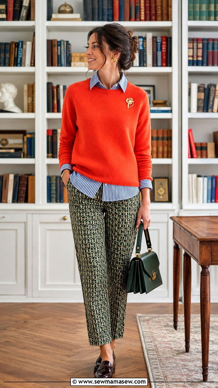 Striped Button Up Under A Sweater With Patterned Trousers And Loafers - 30 casual maximalist outfits