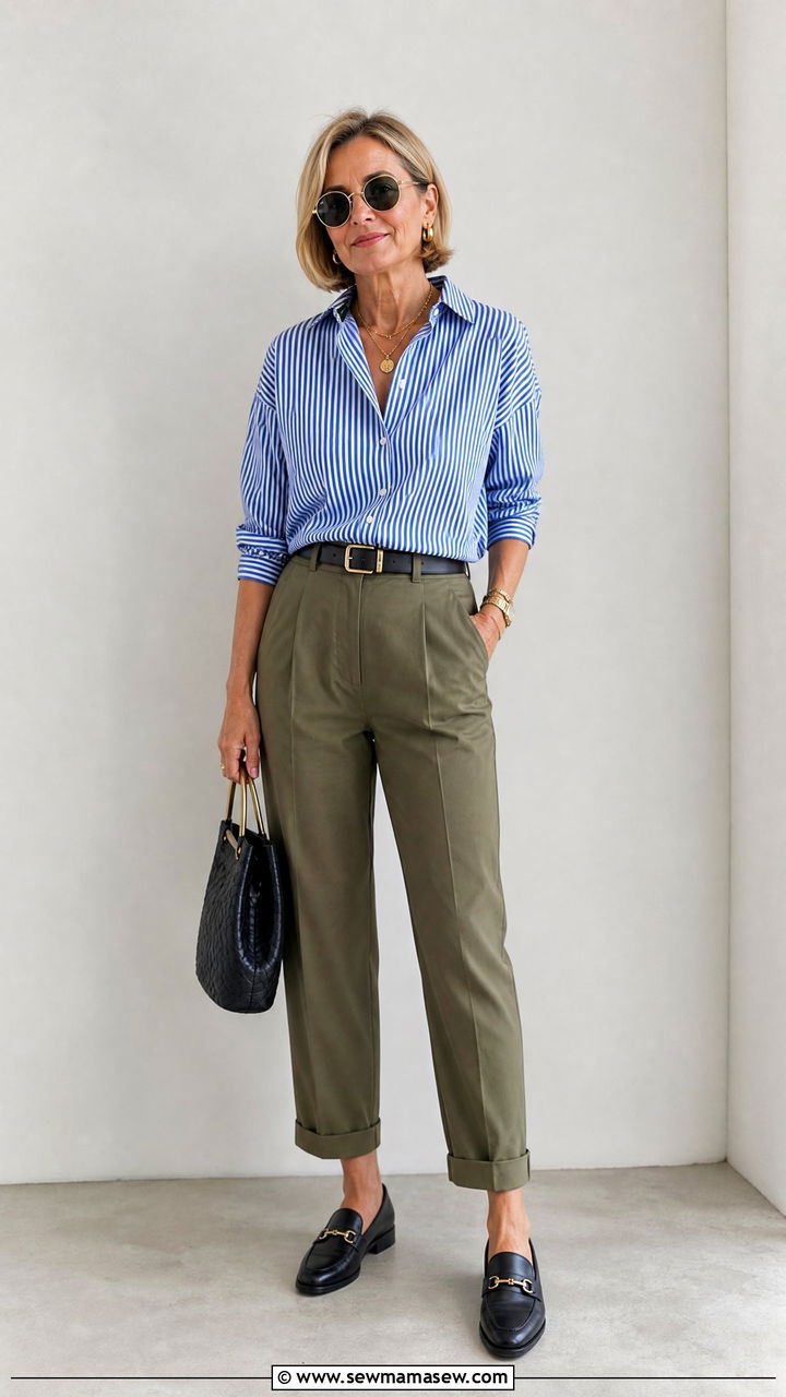 Striped Button Up With Belted Olive Trousers And Loafers - 25 Brunch outfit ideas for women over 50