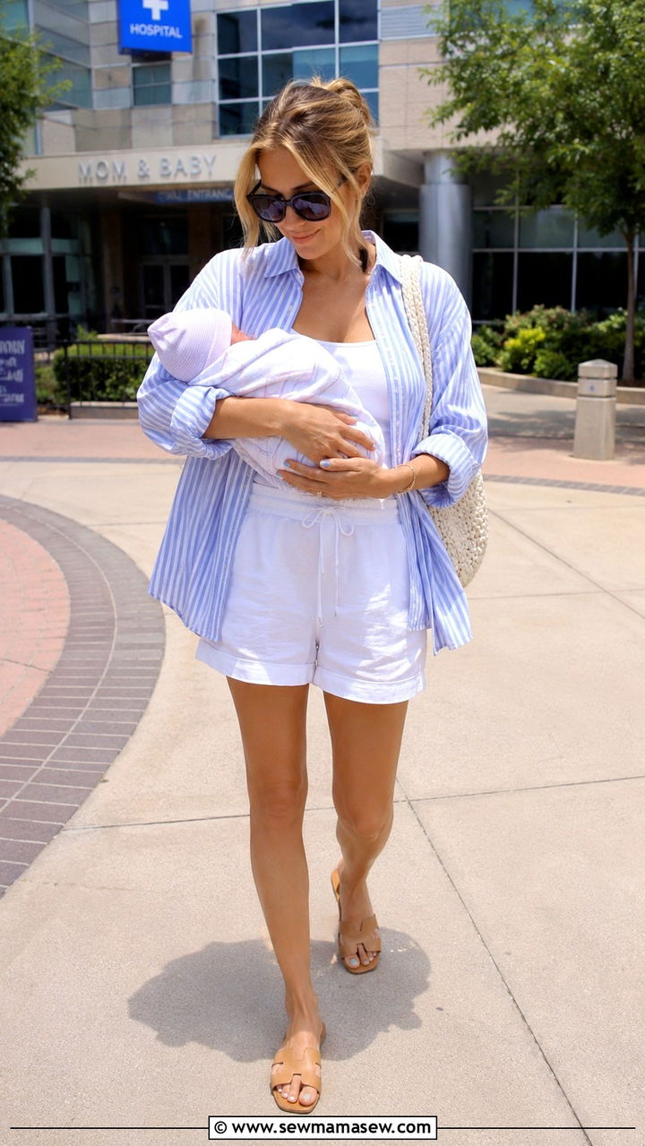 Striped Button Up and White Shorts Summer Outfit - 20 Maternity outfit ideas going home from hospital