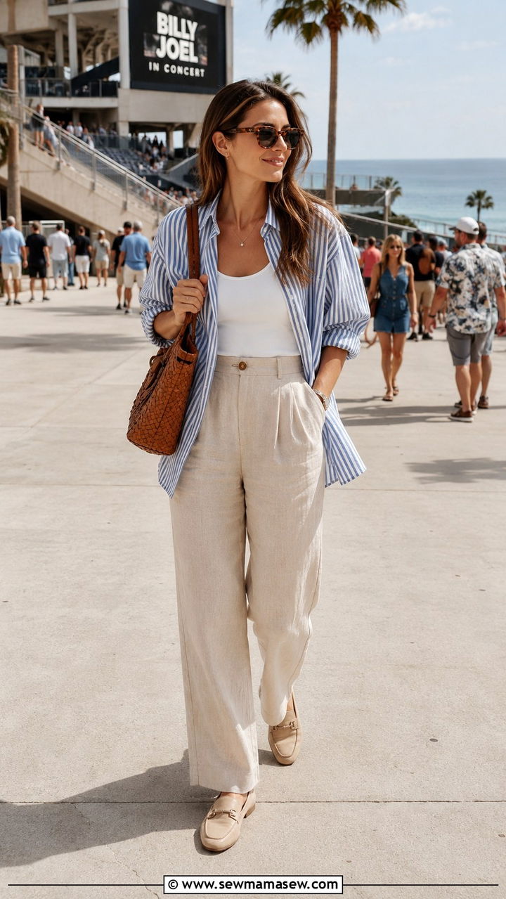 Striped ButtonDown With Linen Trousers And Loafers - 30 Stadium concert outfit ideas