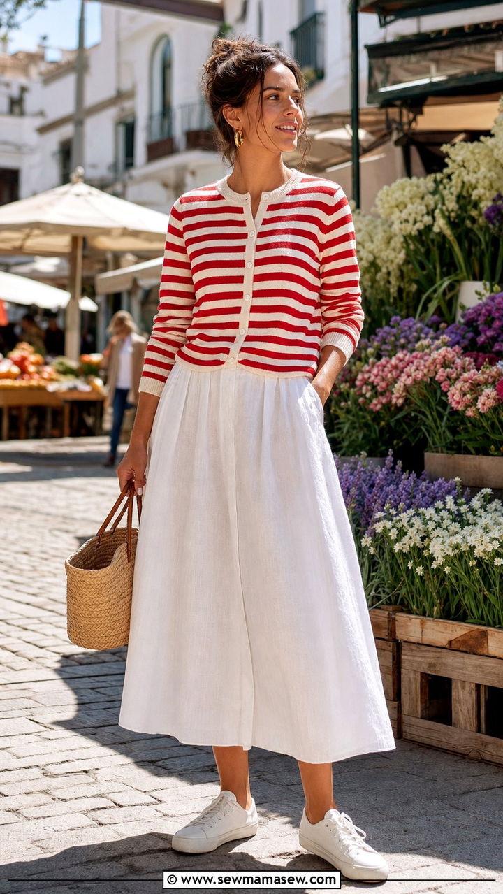 Striped Cardigan And White Midi Skirt Outfit - 25 Easy spring outfit ideas 2026