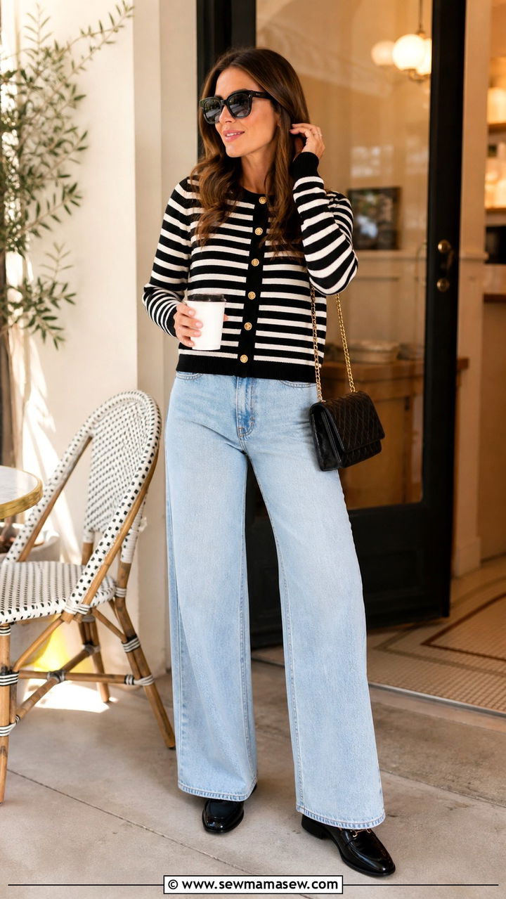 Striped Cardigan And Wide Leg Jeans With Loafers - 40 spring outfits for moms