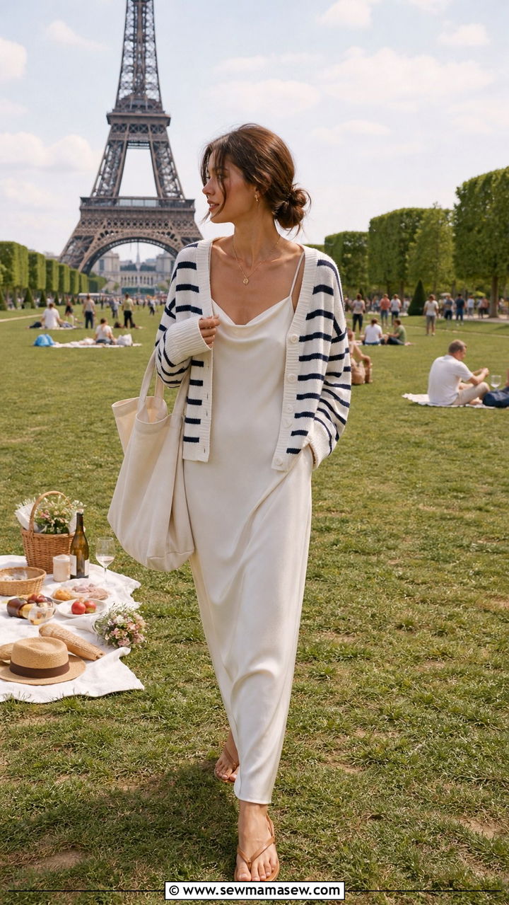 Striped Cardigan Layered Over a Slip Dress - 40 summer parisian outfits