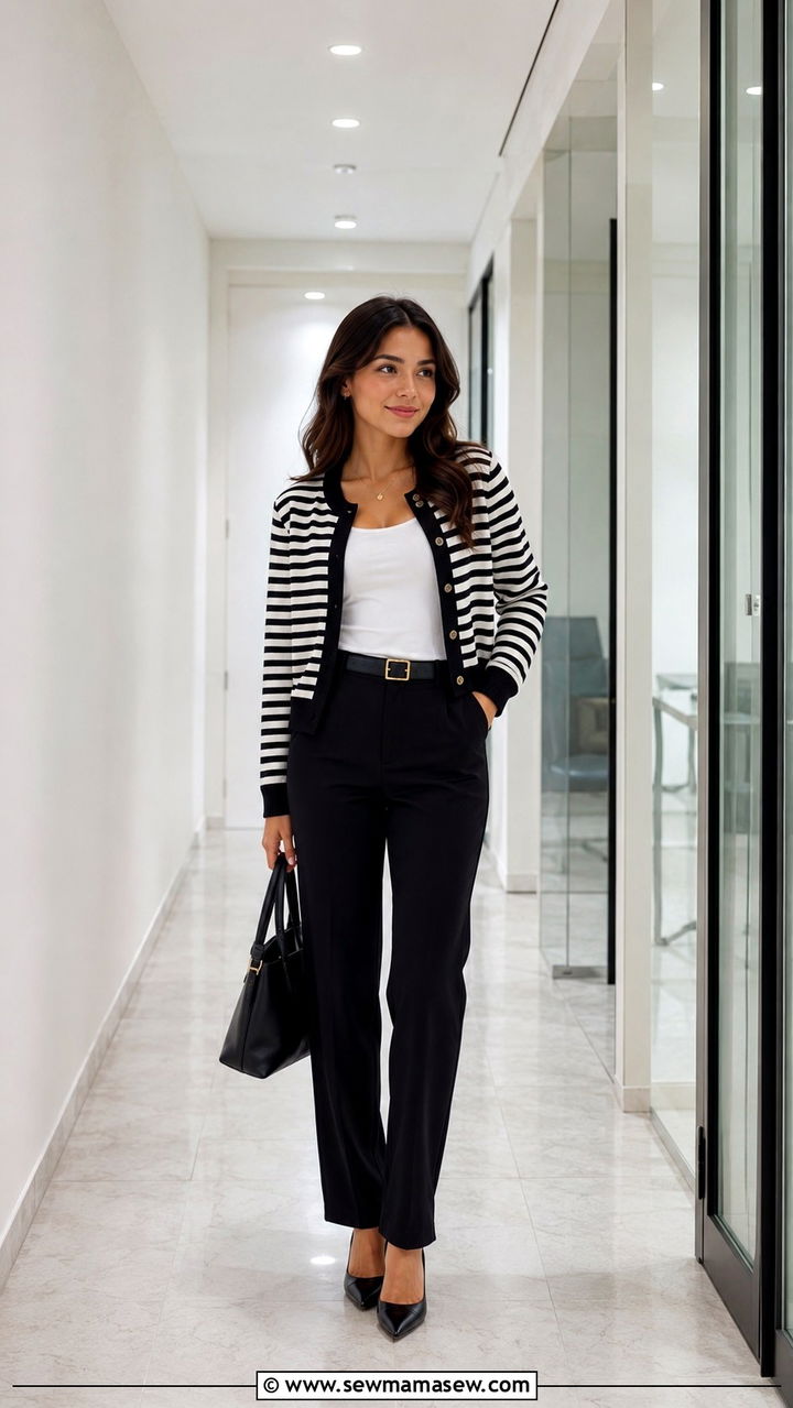 Striped Cardigan Over White Tank With Black Straight Leg Pants - 25 Petite clean girl outfit ideas