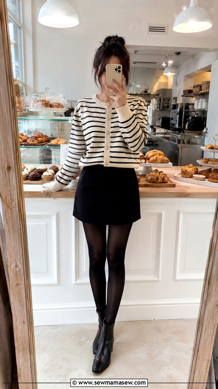 Striped Cardigan Shirt and Black Mini Skirt Outfit - 20 Baker outfit ideas