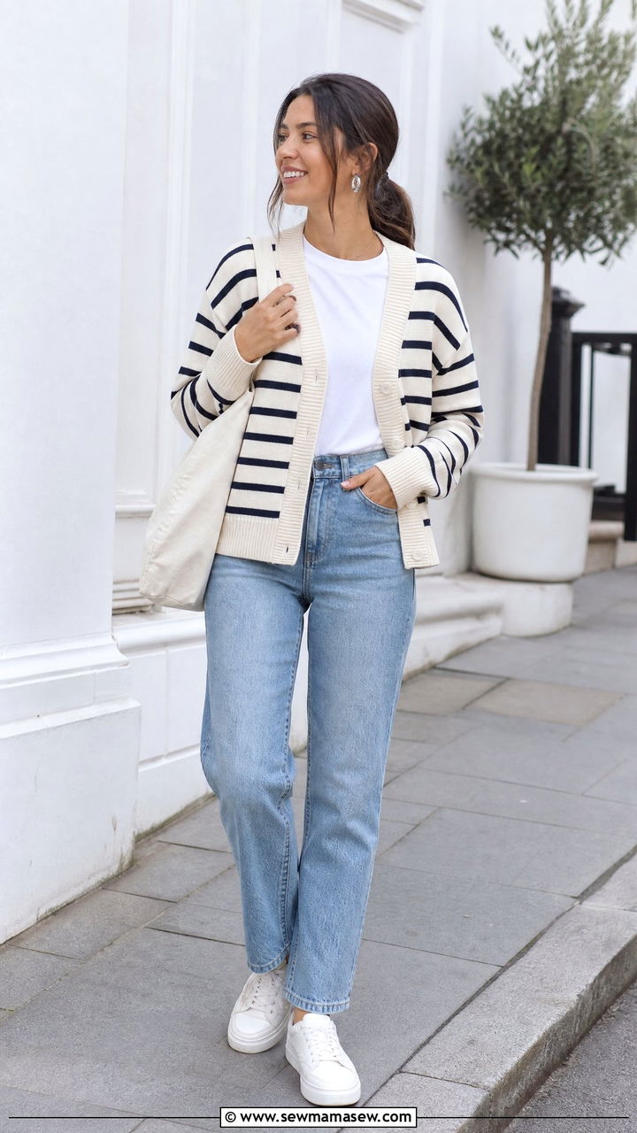 Striped Cardigan White Tee Straight Jeans Spring Outfit - 25 How to style a cardigan in spring