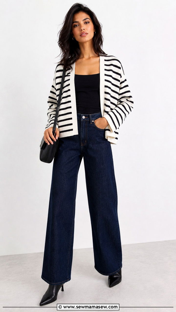Striped Cardigan With Dark Wide Leg Jeans - 25 Wide leg jeans outfit ideas with a cardigan