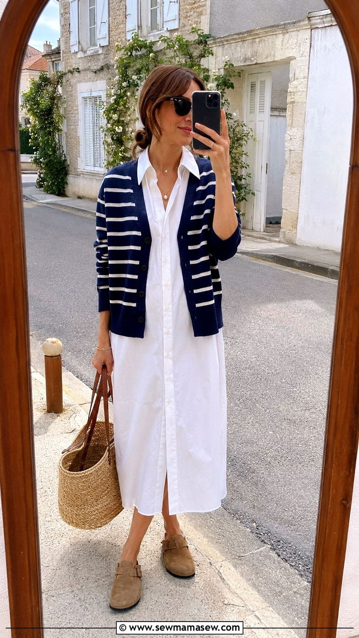 Striped Cardigan With White Shirt Dress Outfit - 20 cute coastal grandmother outfits