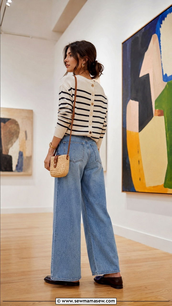 Striped Cardigan Worn Backward with Wide Leg Jeans and Loafers - 30 Spring outfits with cardigans