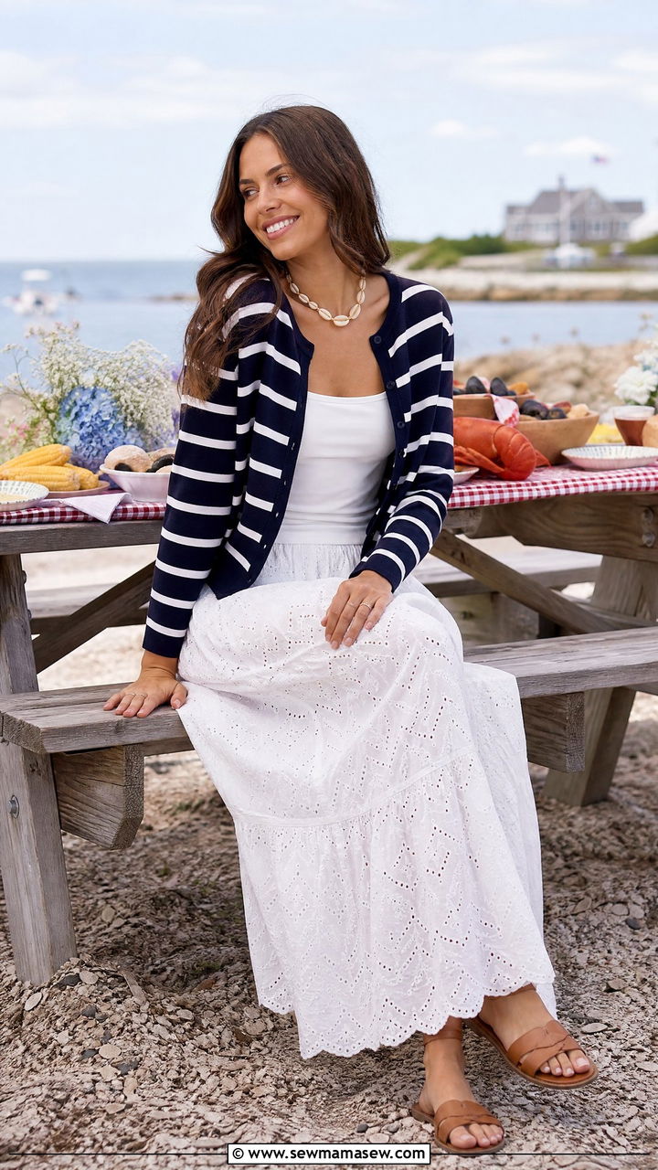 Striped Cardigan and Maxi Skirt Cape Cod Clambake - 25 Old money outfit ideas for Cape Cod