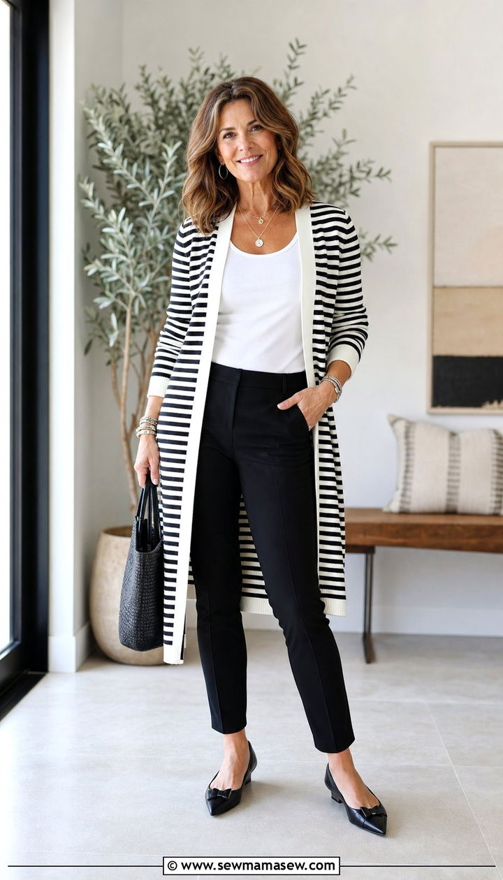 Striped Cardigan with Ankle Length Pants and Flats - 25 comfortable outfit ideas for women over 40