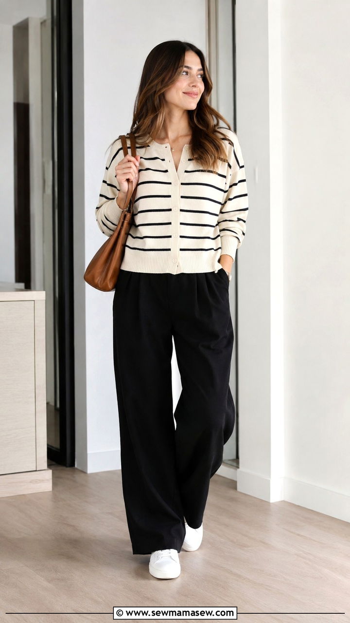 Striped Cardigan with Black Wide Leg Pants and White Sneakers - 30 Spring outfits with white sneakers