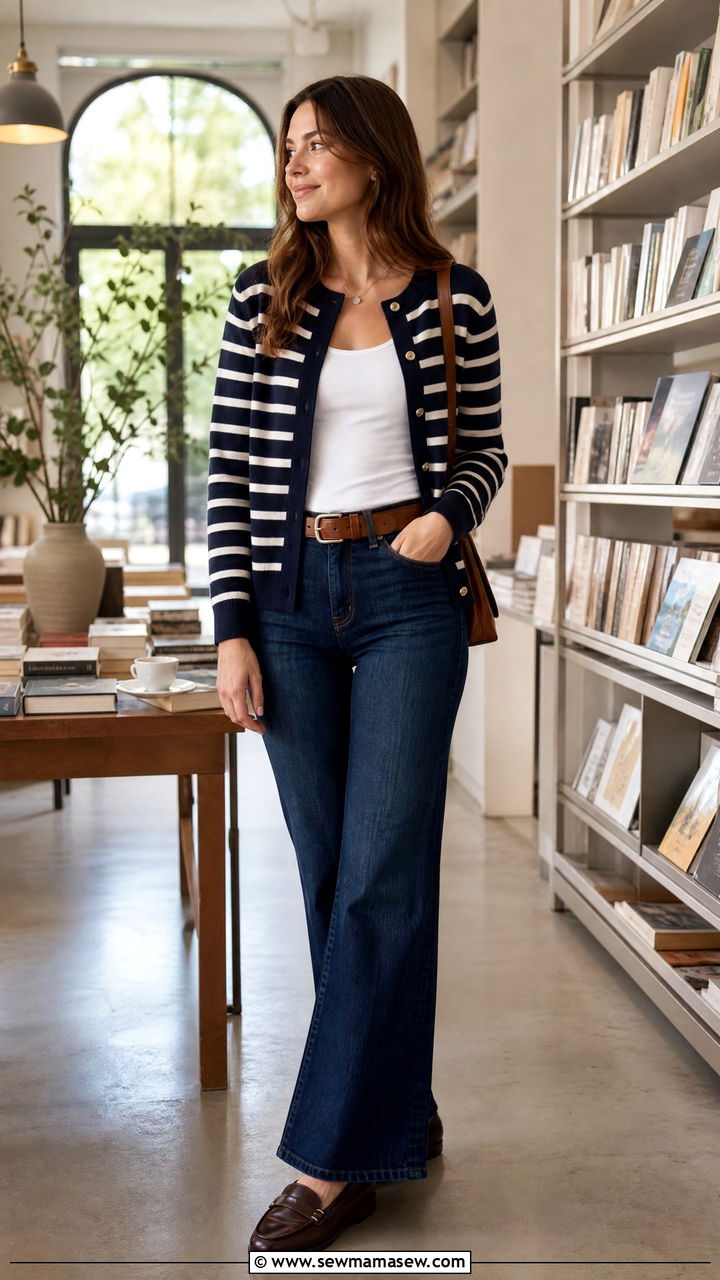 Striped Cardigan with Flare Jeans and Loafers - 30 Flare jeans outfit ideas with a cardigan