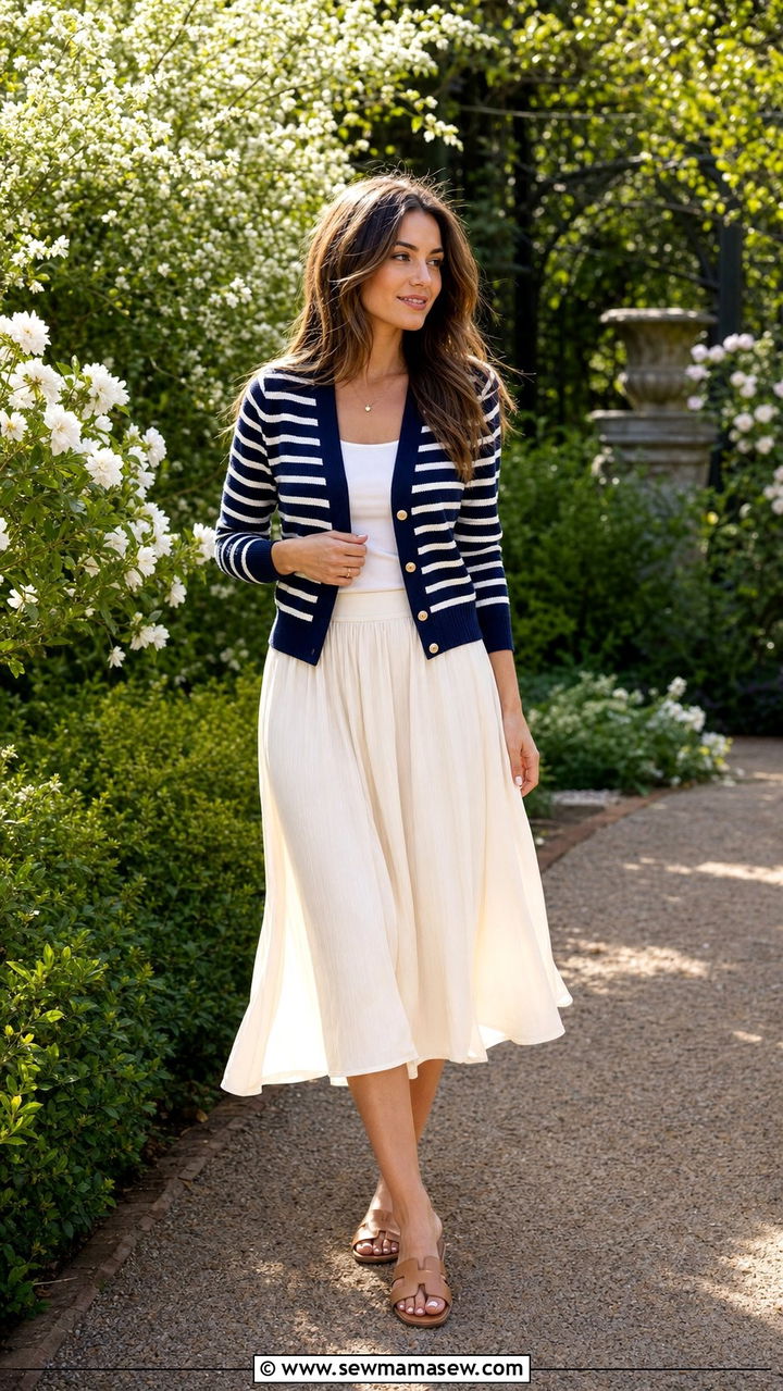 Striped Cardigan with Flowing Cream Skirt and Sandals - 25 spring model off duty outfit ideas