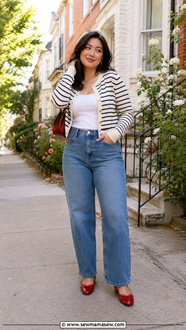 Striped Cardigan with High Rise Jeans and Red Ballet Flats - 30 transitional midsize outfit ideas