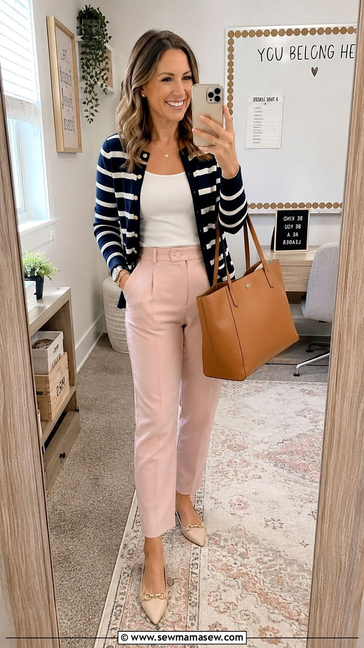Striped Cardigan with Pink Trousers and Tote Bag - 30 Spring outfit ideas for teacher