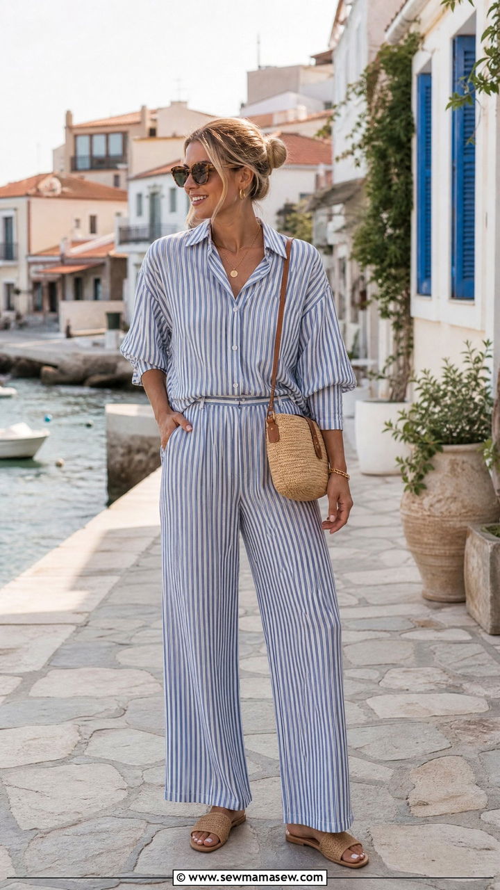 Striped Co Ord Set with a Woven Crossbody Bag - 40 spring vacation outfit ideas