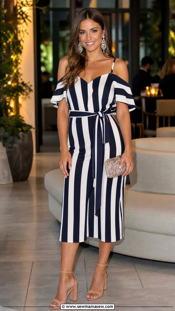 Striped Cold Shoulder Dress With Block Heels - 30 Striped dress outfit ideas