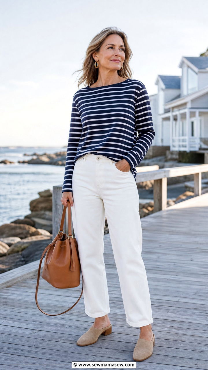 Striped Cotton Crewneck with White Relaxed Denim - 30 scandinavian outfit ideas for women over 40