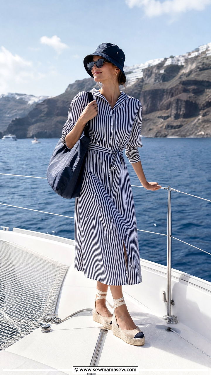Striped Cotton Dress with Espadrilles for a Boat Trip - 30 Greek island outfits