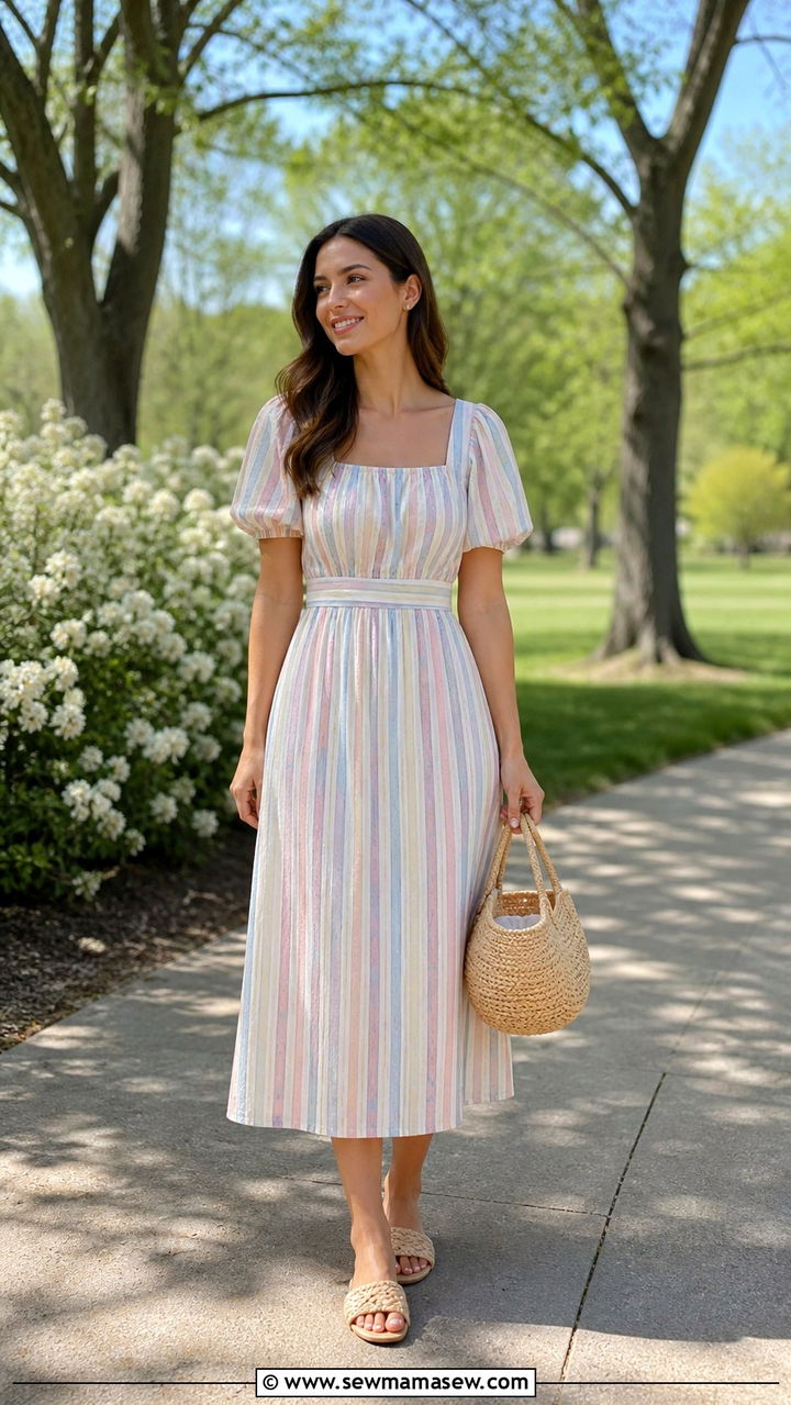 Striped Cotton Midi Dress with a Basket Bag - 40 Spring baby shower outfits