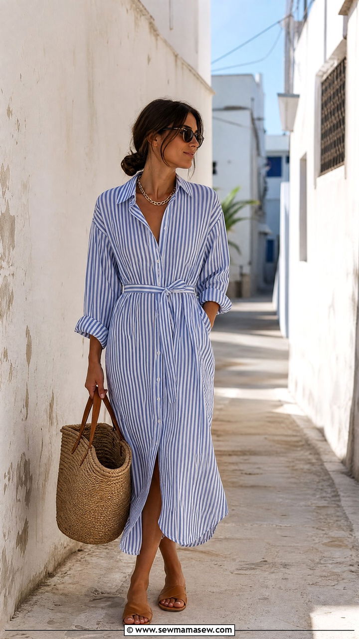Striped Cotton Shirt Dress With Basket Bag - 25 Casablanca outfit ideas