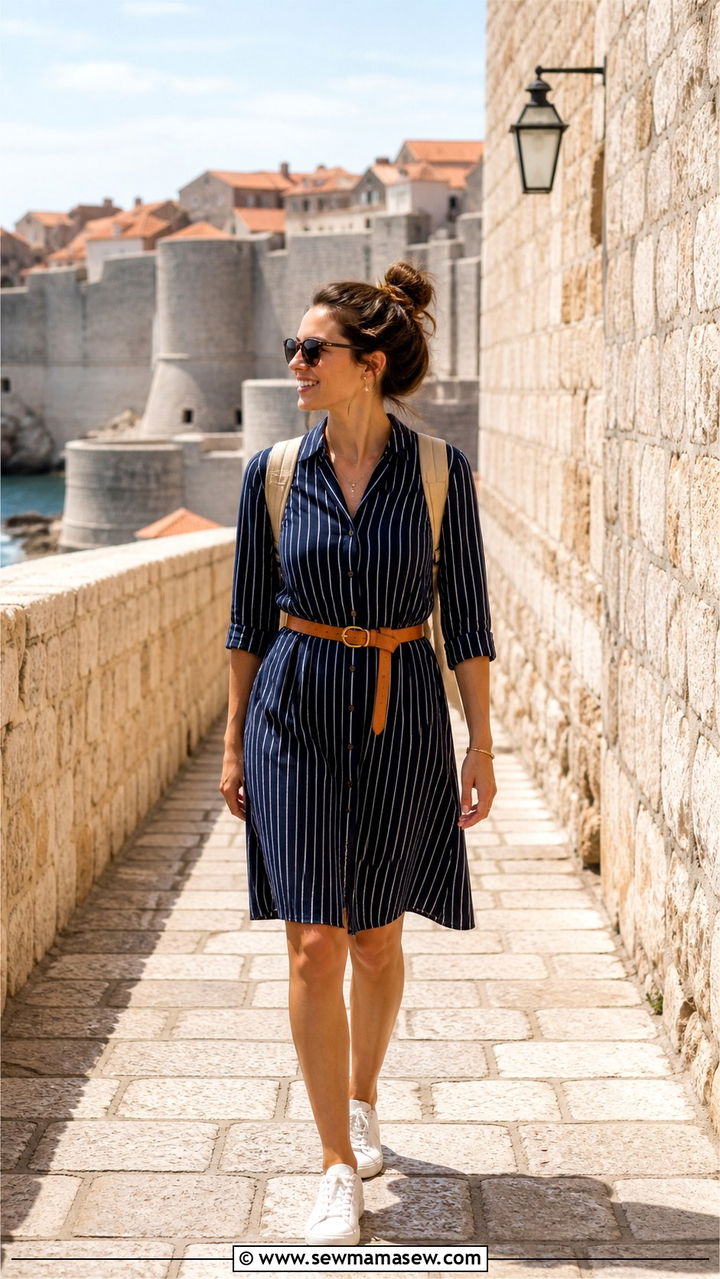 Striped Cotton Shirt Dress With Leather Belt and Sneakers - 40 Mediterranean outfit ideas