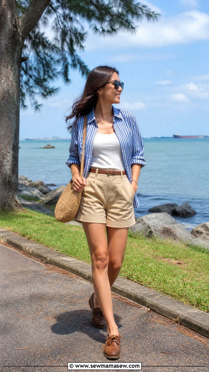 Striped Cotton Shirt Khaki Shorts Boat Shoes - 40 Singapore outfit ideas