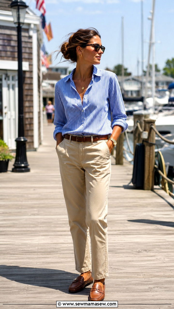 Striped Cotton Shirt With Beige Chinos And Gold Watch - 25 Old money outfit ideas with gold jewelry