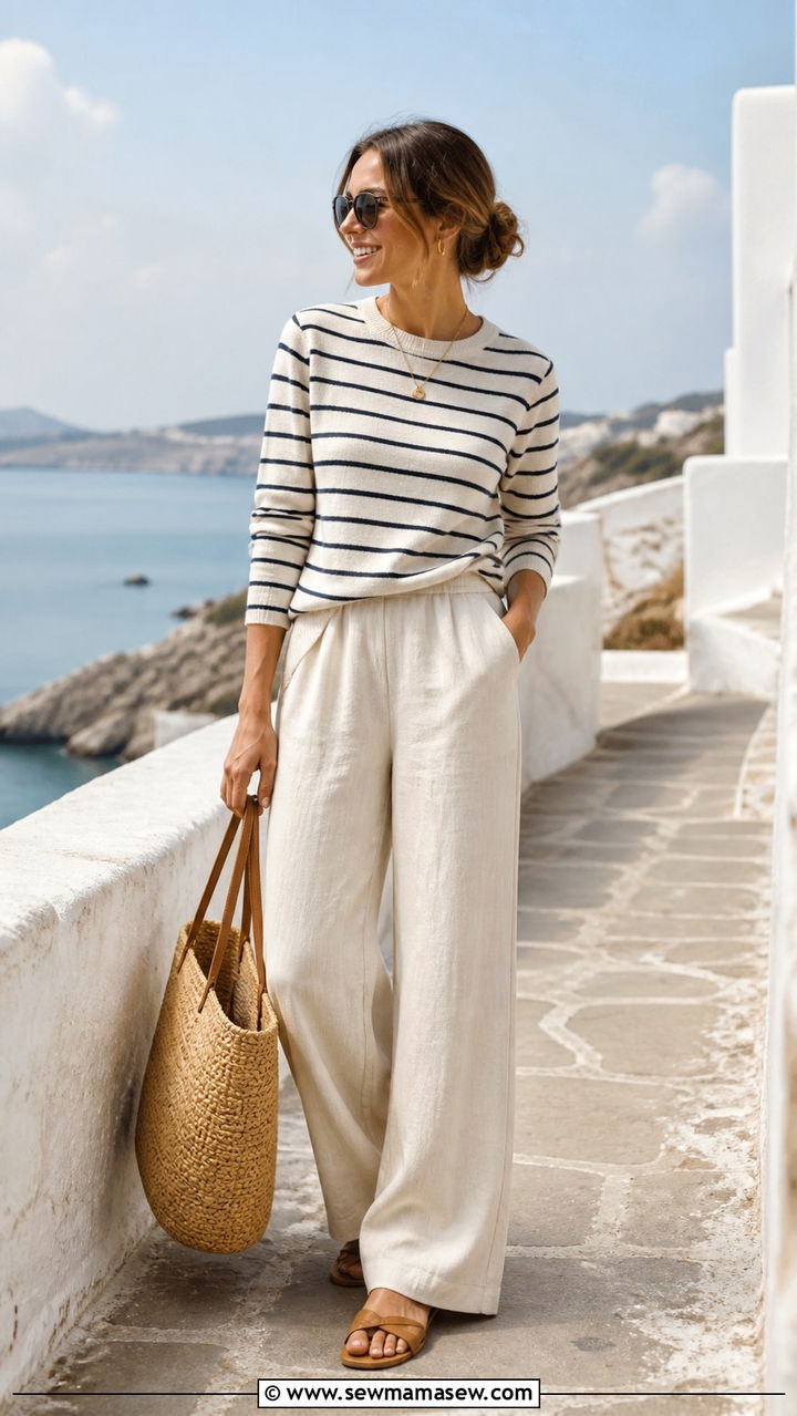 Striped Cotton Sweater With Wide Leg Linen Trousers - 40 spring business casual outfits