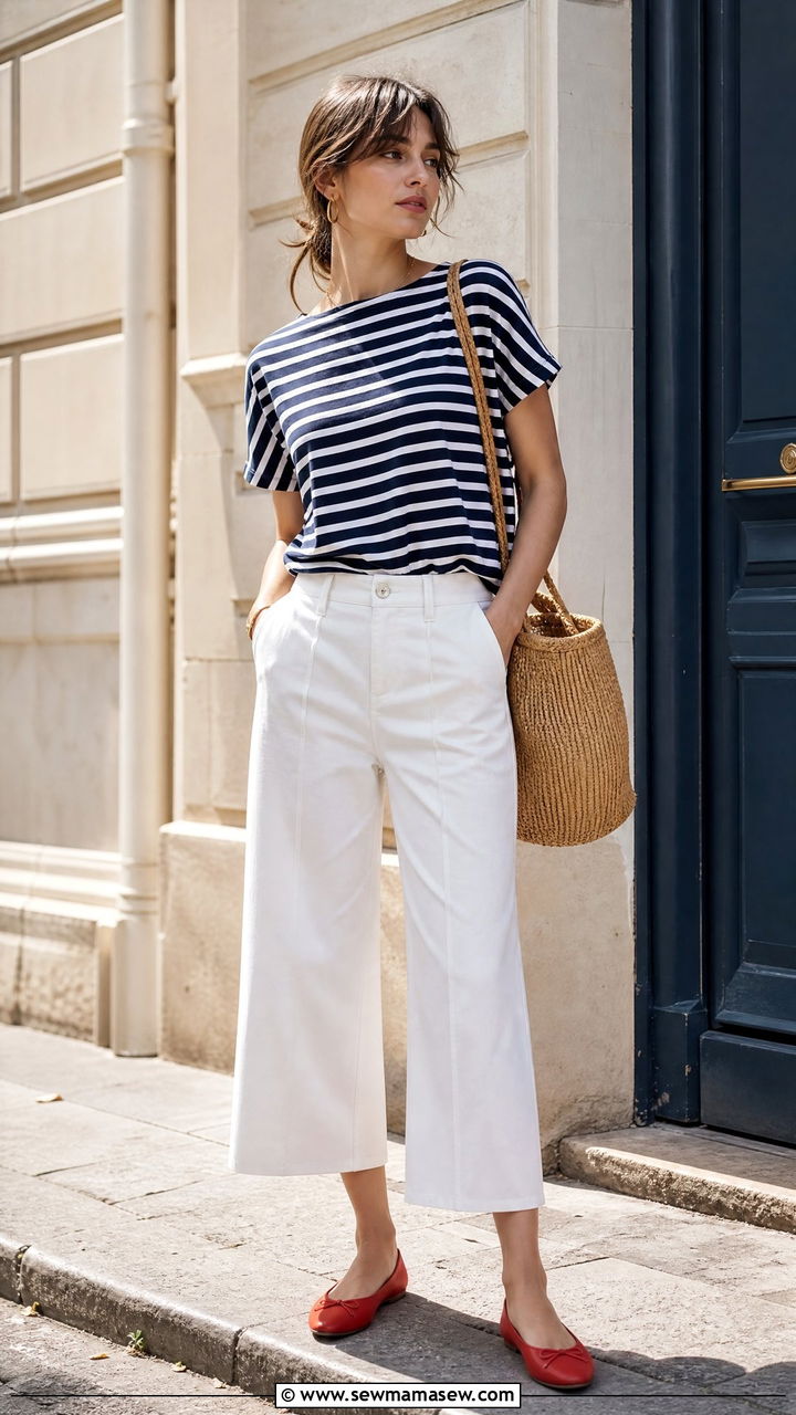 Striped Cotton Tee With White Wide Leg Cropped Pants - 30 Summer cotton outfits