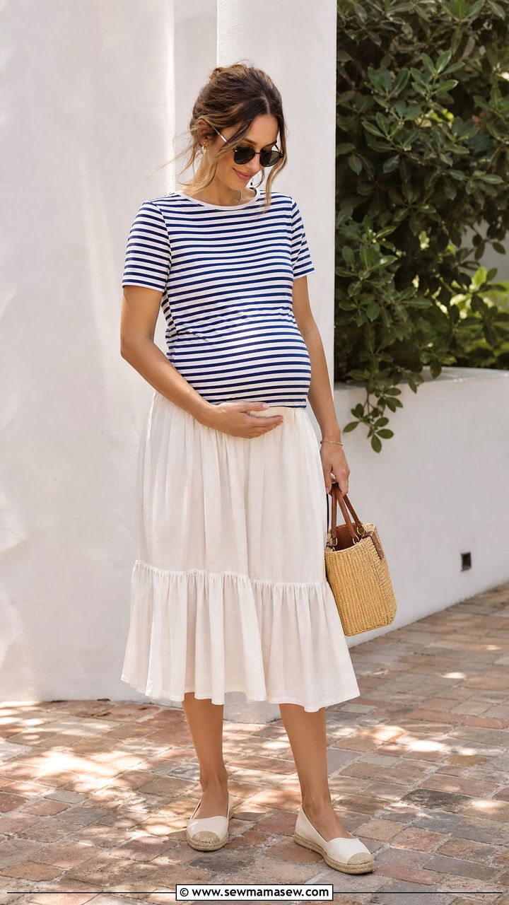 Striped Cotton Tee with Flowy Midi Skirt - 30 Summer outfit ideas for pregnant women