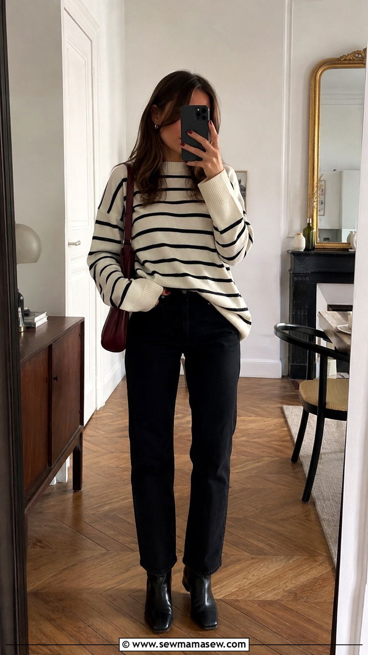 Striped Crewneck Knit Breaking Up an All Black Base - 30 Parisian street style outfit ideas