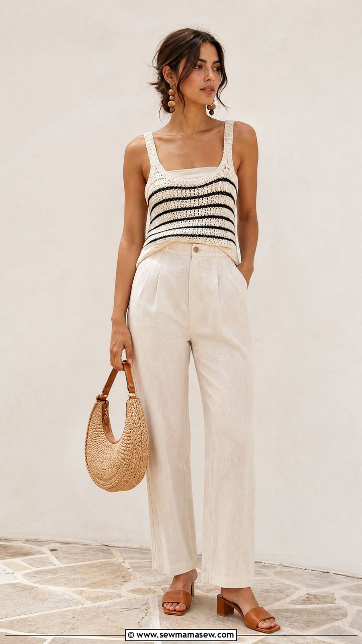 Striped Crochet Tank And High Waist Linen Pants Outfit - 30 summer wardrobe essentials outfits