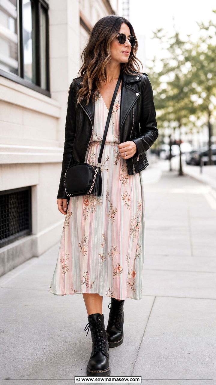 Striped Dress With Leather Jacket And Combat Boots - 30 Striped dress outfit ideas