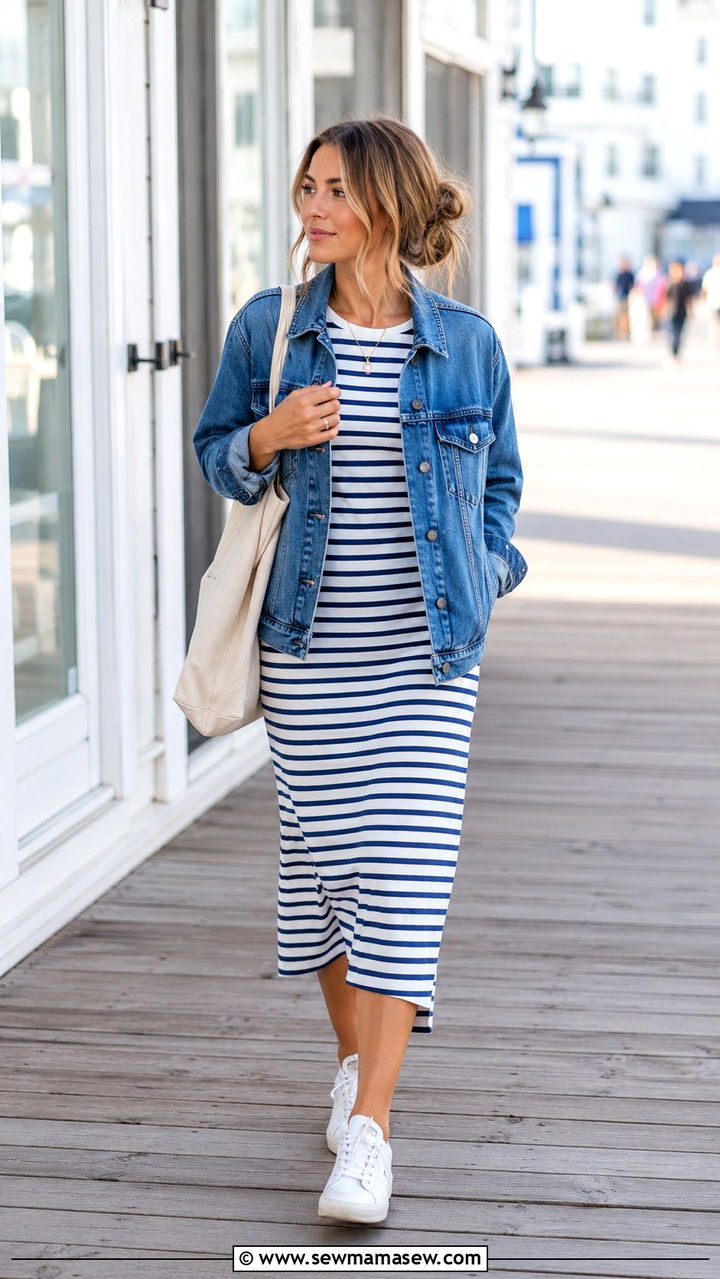 Striped Dress with Denim Jacket and White Sneakers - 30 Transitional dress outfit ideas