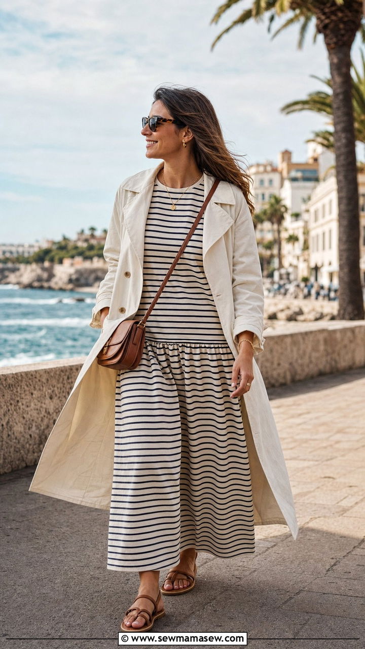 Striped Drop Waist Maxi Dress With Cream Trench Coat - 25 Sofia Richie summer outfit ideas