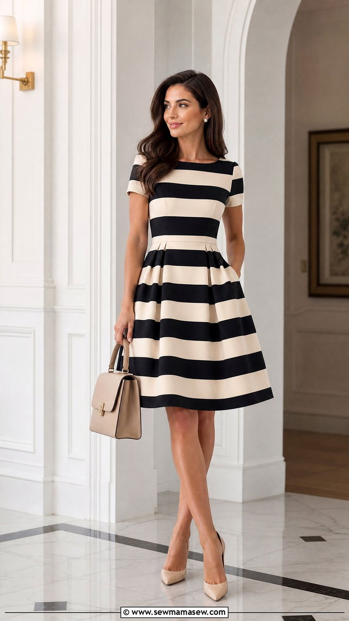 Striped Fit And Flare Dress With Pumps - 30 Striped dress outfit ideas